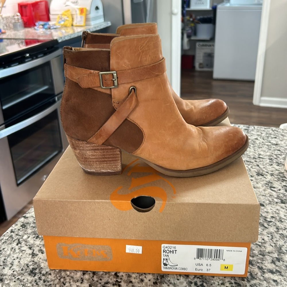 Korks Ease Boots Rohit Women's 6.5 Leather Buckle Bootie Heeled Brown  Boho Chic